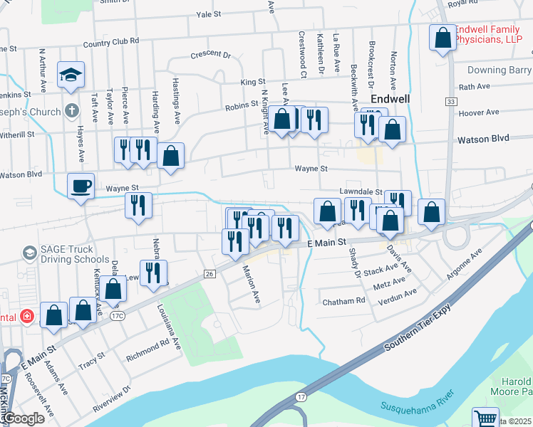 map of restaurants, bars, coffee shops, grocery stores, and more near 1 South Willis Avenue in Endicott