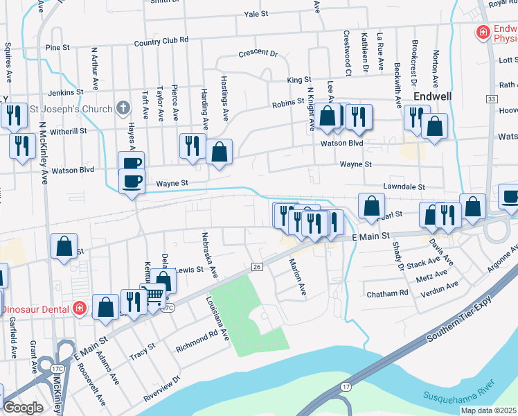map of restaurants, bars, coffee shops, grocery stores, and more near 9 Alice Avenue in Endicott