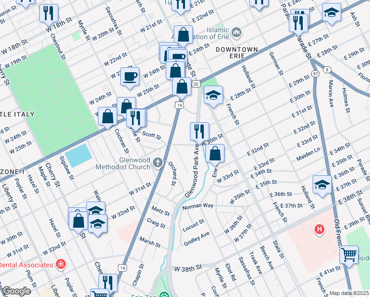 map of restaurants, bars, coffee shops, grocery stores, and more near 120 Moorehead Street in Erie