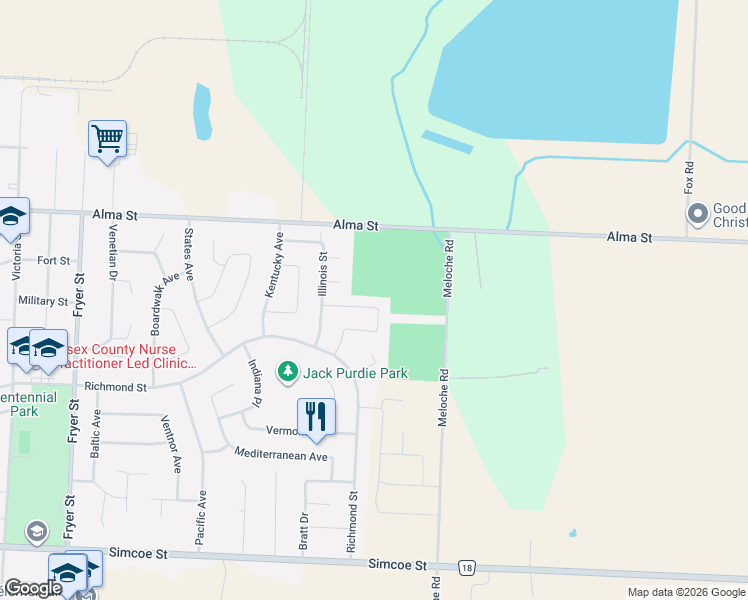 map of restaurants, bars, coffee shops, grocery stores, and more near 46 Brush Crescent in Amherstburg