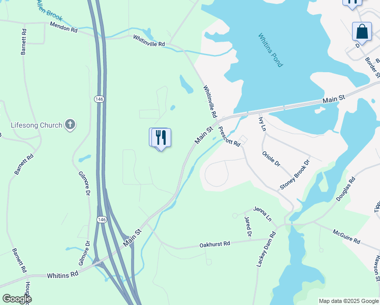 map of restaurants, bars, coffee shops, grocery stores, and more near 875 Whitinsville Road in Northbridge
