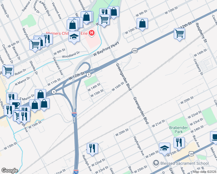 map of restaurants, bars, coffee shops, grocery stores, and more near 1672 West 15th Street in Erie
