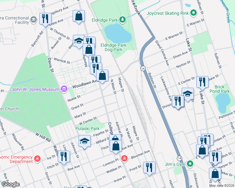map of restaurants, bars, coffee shops, grocery stores, and more near 1171 Magee Street in Elmira