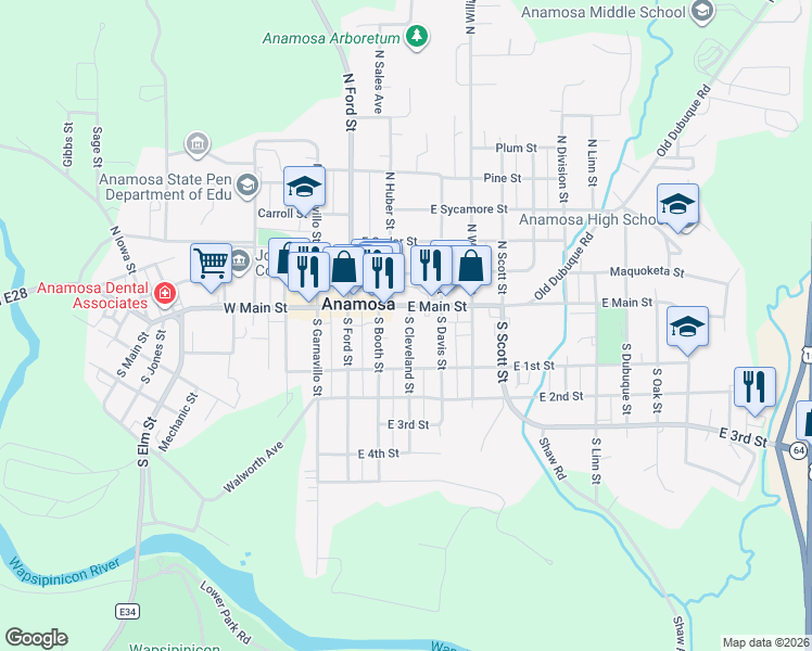 map of restaurants, bars, coffee shops, grocery stores, and more near 203 East Main Street in Anamosa