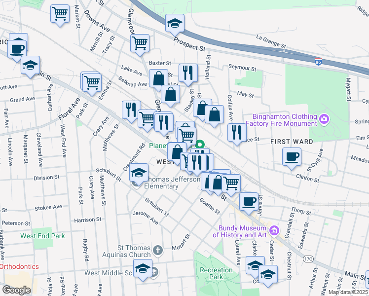map of restaurants, bars, coffee shops, grocery stores, and more near 10 Glenwood Avenue in Binghamton