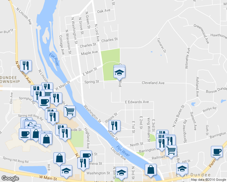 map of restaurants, bars, coffee shops, grocery stores, and more near 128 Hattie Avenue in Carpentersville