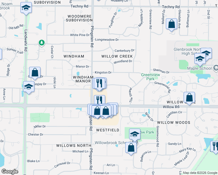 map of restaurants, bars, coffee shops, grocery stores, and more near 2655 Prince Street in Northbrook