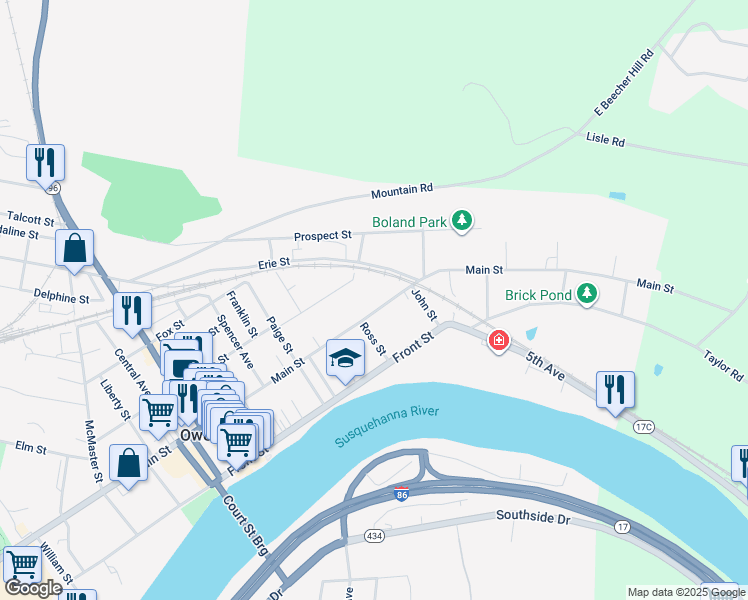 map of restaurants, bars, coffee shops, grocery stores, and more near 373 Main Street in Owego