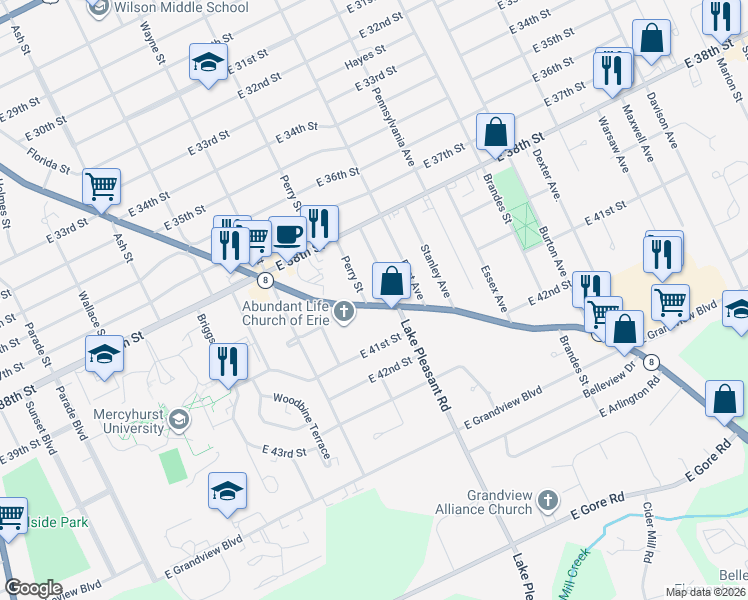 map of restaurants, bars, coffee shops, grocery stores, and more near 4007 Pine Avenue in Erie