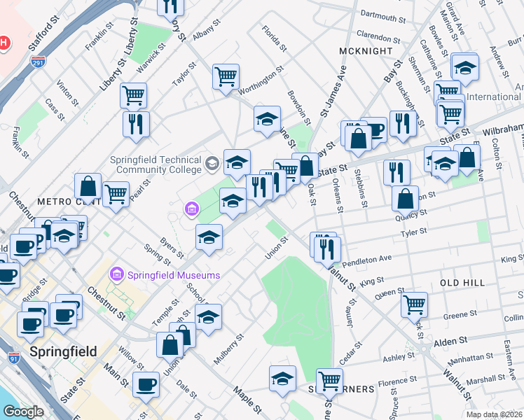 map of restaurants, bars, coffee shops, grocery stores, and more near 471 State Street in Springfield