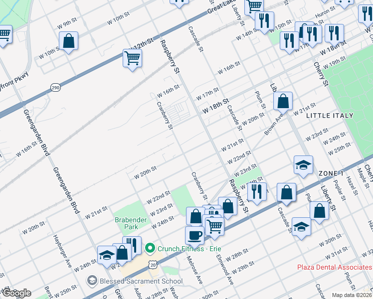 map of restaurants, bars, coffee shops, grocery stores, and more near 1158 West 20th Street in Erie