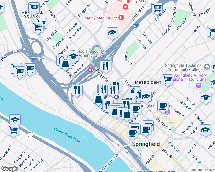 map of restaurants, bars, coffee shops, grocery stores, and more near 65-79 Congress St in Springfield