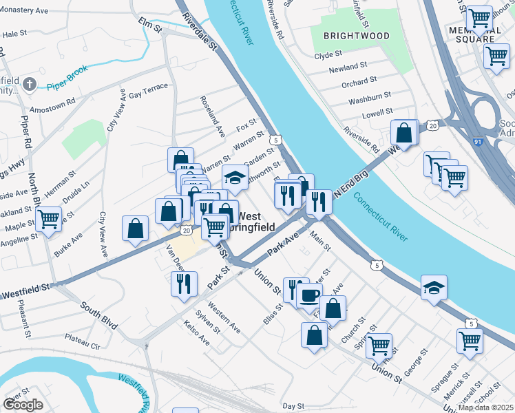 map of restaurants, bars, coffee shops, grocery stores, and more near 49 Lathrop Street in West Springfield