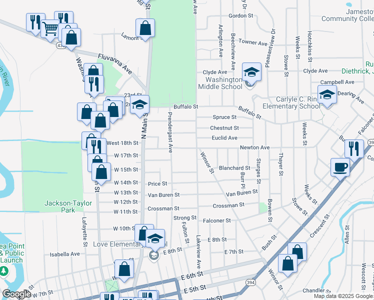 map of restaurants, bars, coffee shops, grocery stores, and more near 28 Newton Avenue in Jamestown