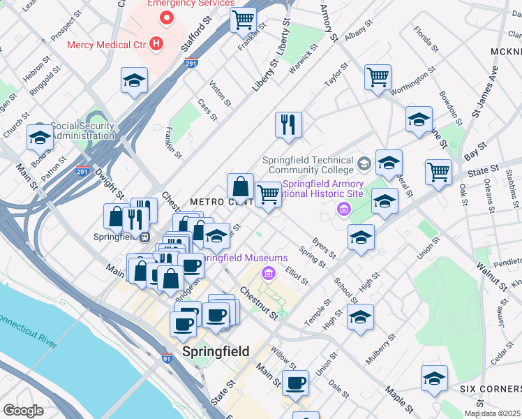 map of restaurants, bars, coffee shops, grocery stores, and more near 131-135 Spring Street in Springfield