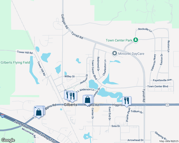 map of restaurants, bars, coffee shops, grocery stores, and more near 233 Jackson Street in Gilberts