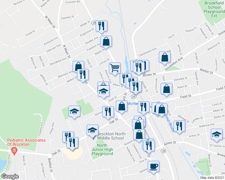 map of restaurants, bars, coffee shops, grocery stores, and more near 44 Clarence Street in Brockton