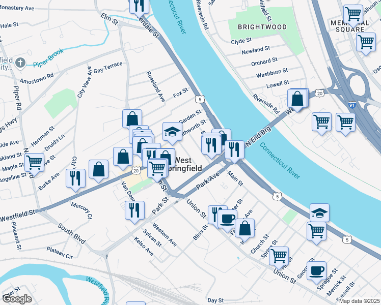 map of restaurants, bars, coffee shops, grocery stores, and more near 47-49 Lathrop Street in West Springfield