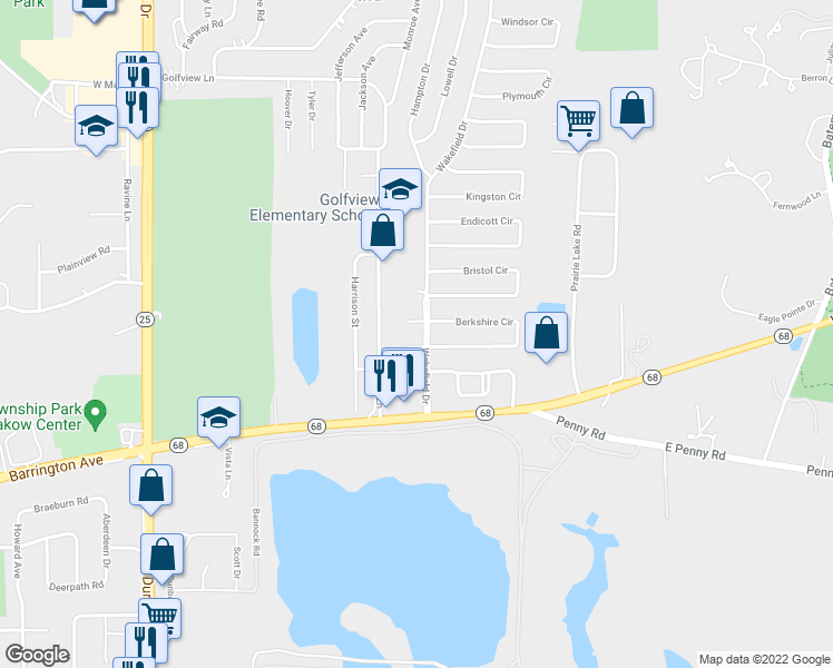 map of restaurants, bars, coffee shops, grocery stores, and more near 3024 Wakefield Drive in Carpentersville