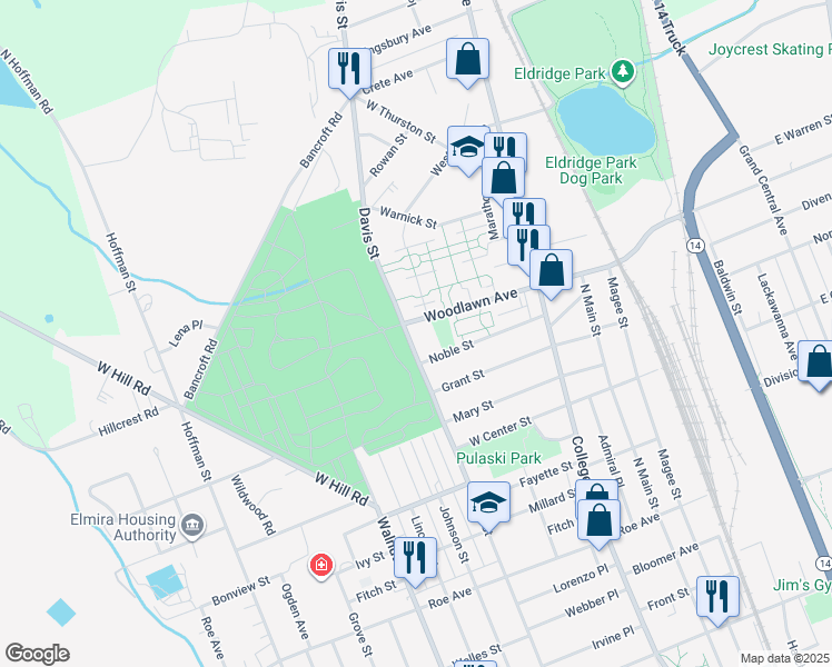 map of restaurants, bars, coffee shops, grocery stores, and more near 1250 Davis Street in Elmira