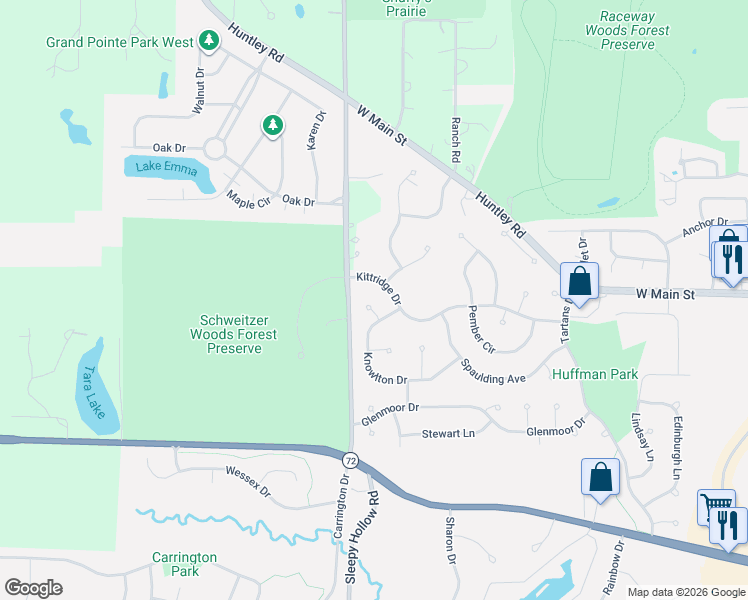 map of restaurants, bars, coffee shops, grocery stores, and more near 2417 Kittridge Drive in West Dundee