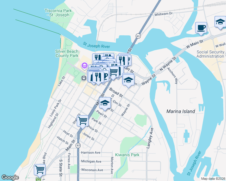map of restaurants, bars, coffee shops, grocery stores, and more near 799 Broad Street in Saint Joseph