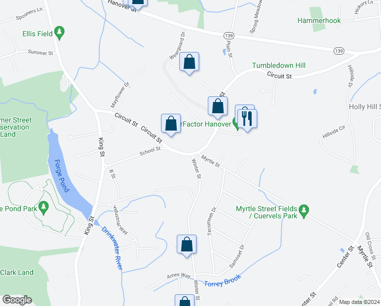 map of restaurants, bars, coffee shops, grocery stores, and more near 413 Circuit Street in Hanover