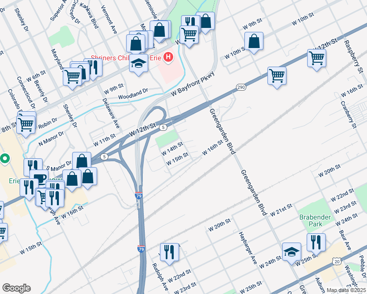 map of restaurants, bars, coffee shops, grocery stores, and more near 1683 West 14th Street in Erie