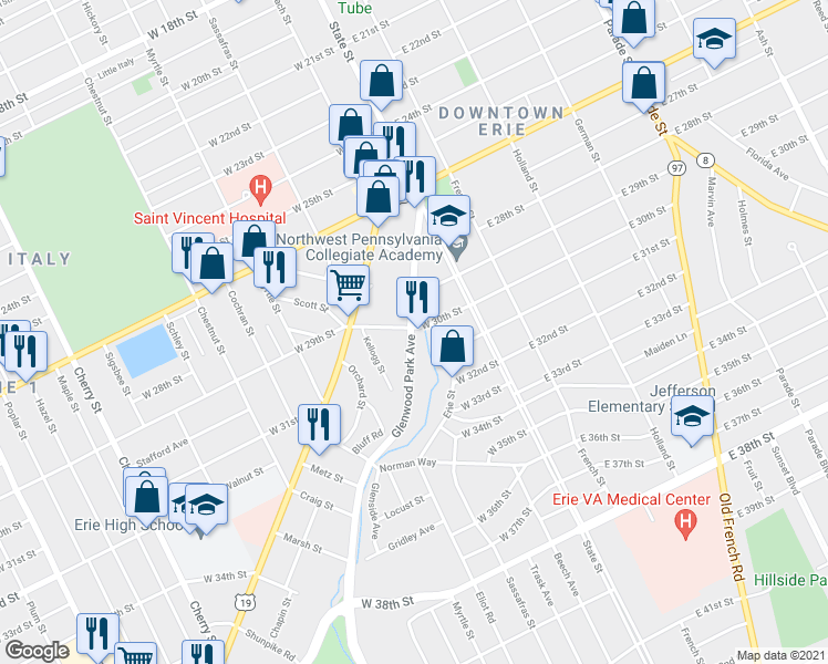 map of restaurants, bars, coffee shops, grocery stores, and more near 99 W 30th St in Erie