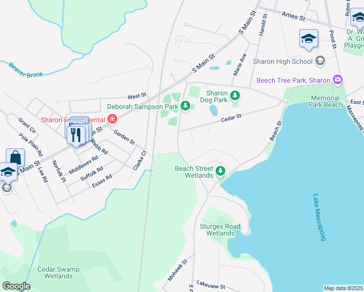 map of restaurants, bars, coffee shops, grocery stores, and more near 64 East Foxboro Street in Sharon