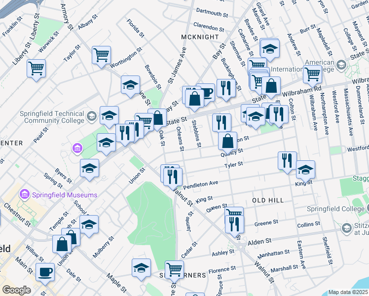 map of restaurants, bars, coffee shops, grocery stores, and more near 540-542 Union Street in Springfield