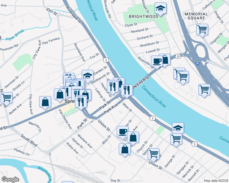map of restaurants, bars, coffee shops, grocery stores, and more near 30 Elmdale Street in West Springfield
