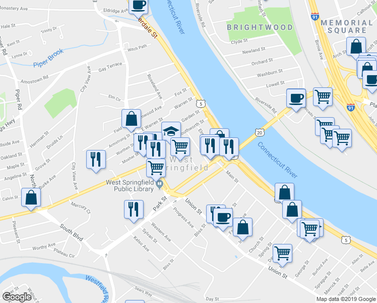 map of restaurants, bars, coffee shops, grocery stores, and more near 56 Hanover Street in West Springfield