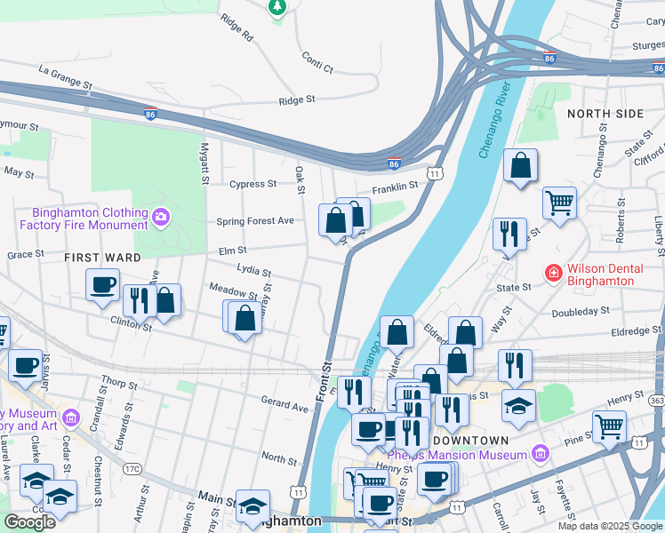 map of restaurants, bars, coffee shops, grocery stores, and more near 277 Front Street in Binghamton