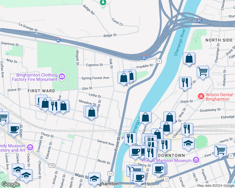 map of restaurants, bars, coffee shops, grocery stores, and more near 13-19 Gaines Street in Binghamton
