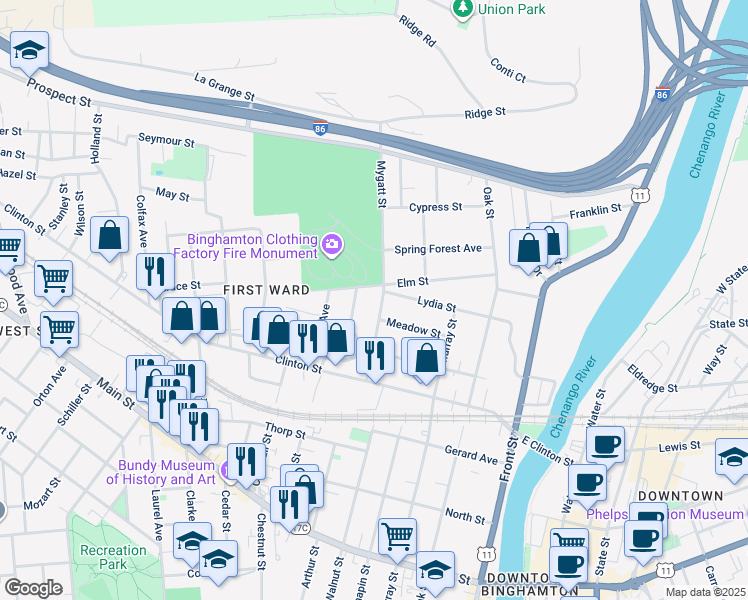 map of restaurants, bars, coffee shops, grocery stores, and more near 59 Elm Street in Binghamton
