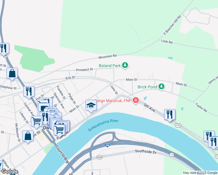 map of restaurants, bars, coffee shops, grocery stores, and more near 353-399 East Main Street in Owego