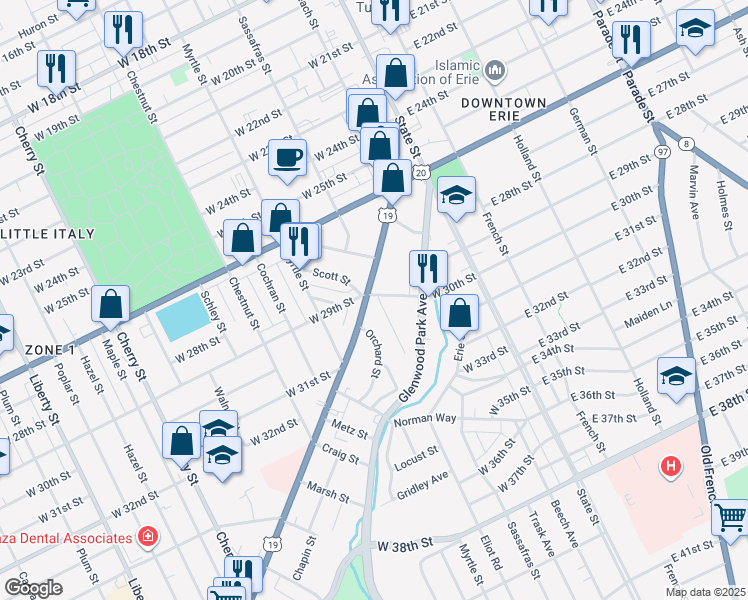 map of restaurants, bars, coffee shops, grocery stores, and more near in Erie