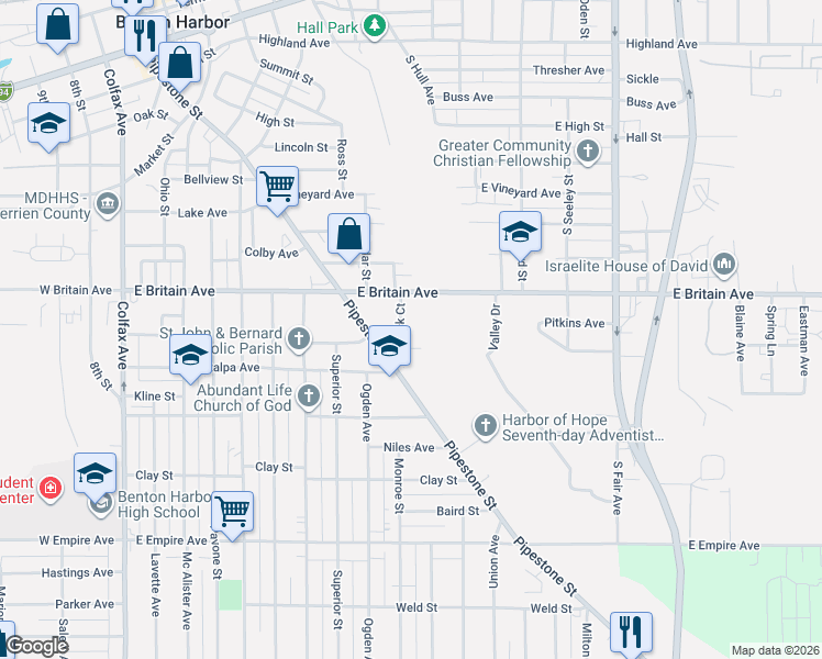 map of restaurants, bars, coffee shops, grocery stores, and more near 551 Heck Court in Benton Harbor