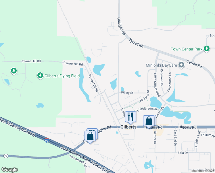 map of restaurants, bars, coffee shops, grocery stores, and more near 153 Railroad Street in Gilberts