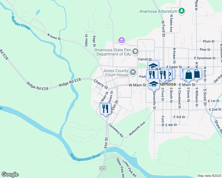map of restaurants, bars, coffee shops, grocery stores, and more near 708 West Main Street in Anamosa