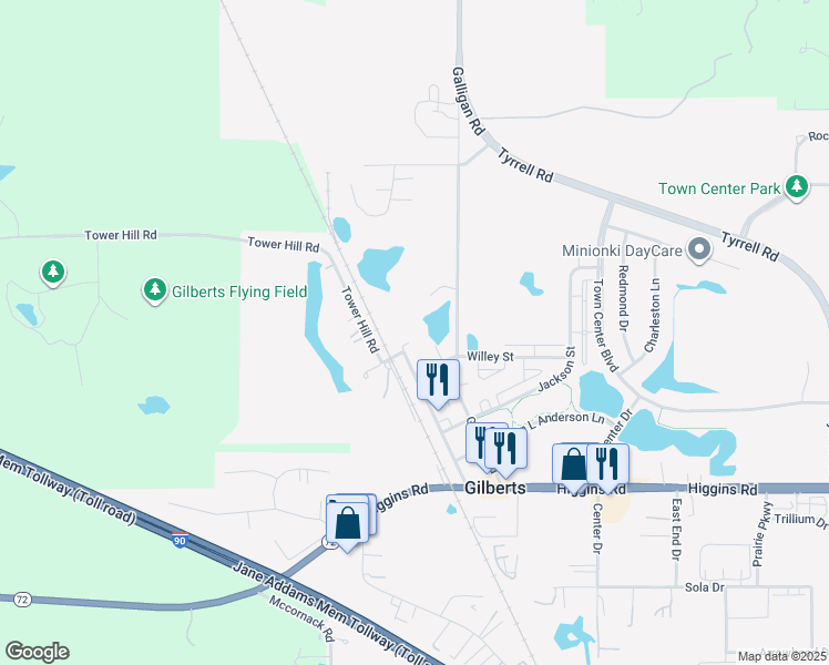 map of restaurants, bars, coffee shops, grocery stores, and more near 153 Railroad Street in Gilberts