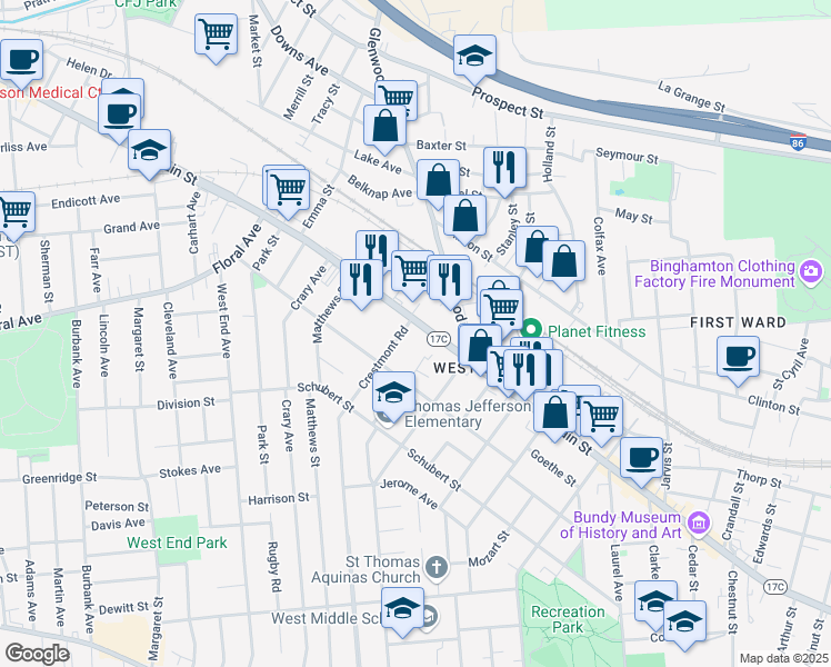 map of restaurants, bars, coffee shops, grocery stores, and more near 267 Main Street in Binghamton
