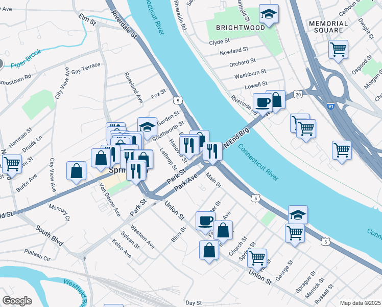 map of restaurants, bars, coffee shops, grocery stores, and more near 30 Elmdale Street in West Springfield