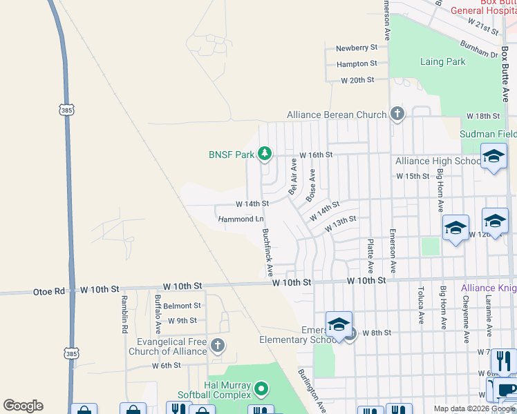 map of restaurants, bars, coffee shops, grocery stores, and more near 1231 West 14th Street in Alliance