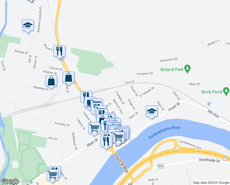 map of restaurants, bars, coffee shops, grocery stores, and more near 121 Franklin Street in Owego