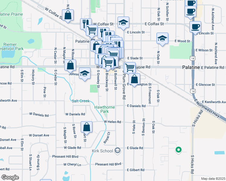 map of restaurants, bars, coffee shops, grocery stores, and more near 118 South Bothwell Street in Palatine