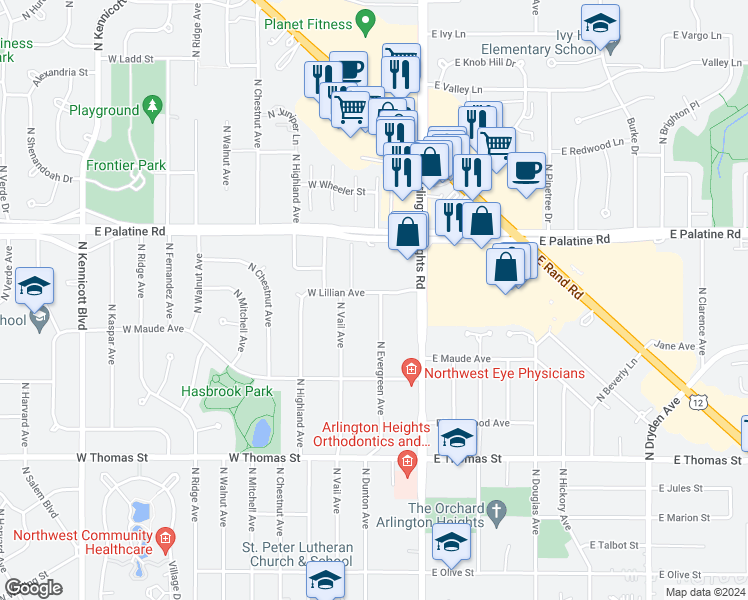 map of restaurants, bars, coffee shops, grocery stores, and more near 15 East Lillian Avenue in Arlington Heights