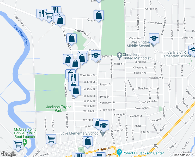 map of restaurants, bars, coffee shops, grocery stores, and more near North Main Street & Kingsbury Street in Jamestown