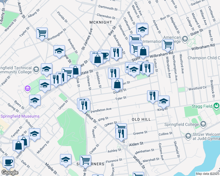 map of restaurants, bars, coffee shops, grocery stores, and more near 611 Union Street in Springfield
